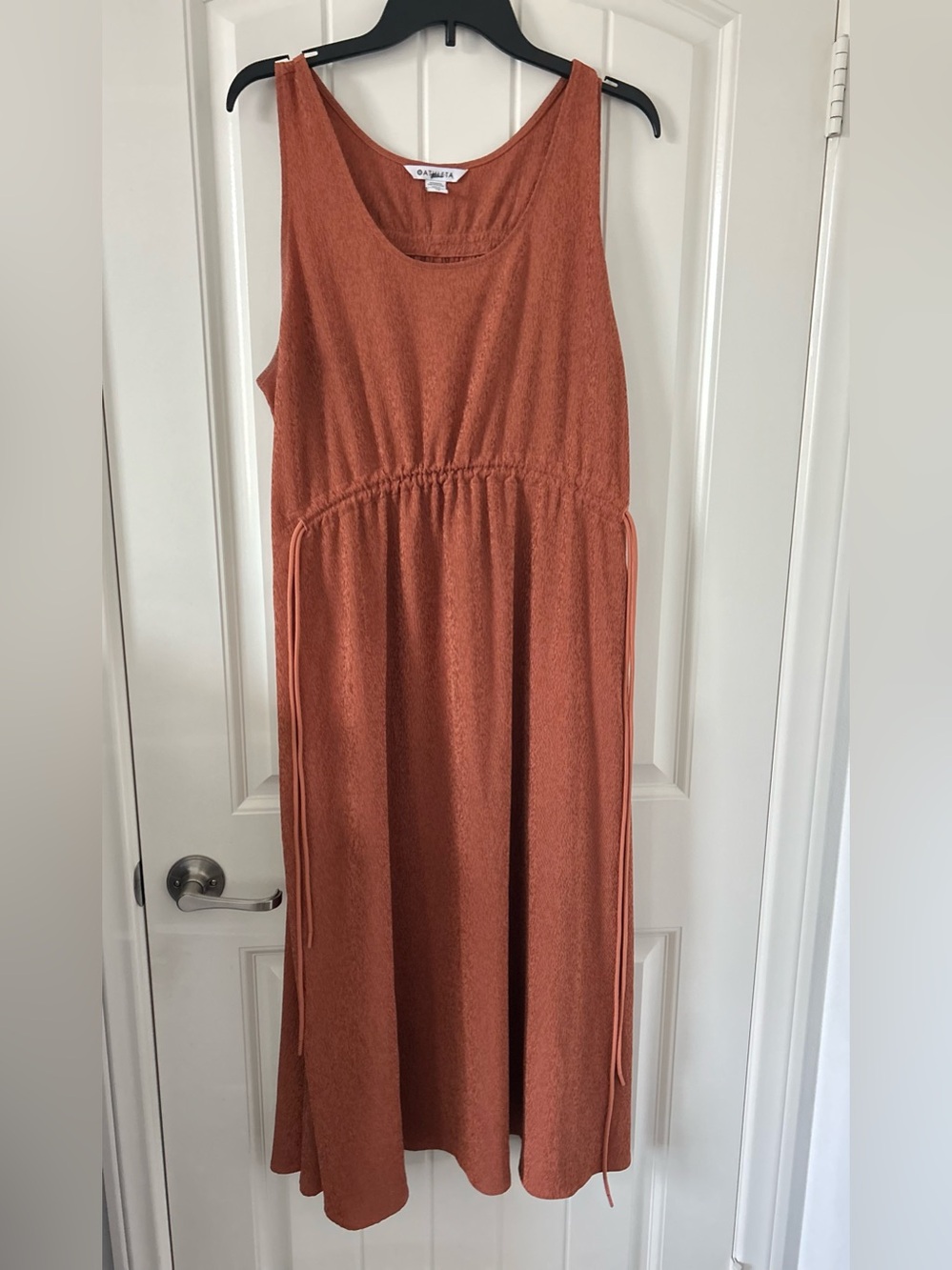 Athleta Echo Midi Dress Womens Sz L Orange Tie Waist Sleeveless Textured Pockets